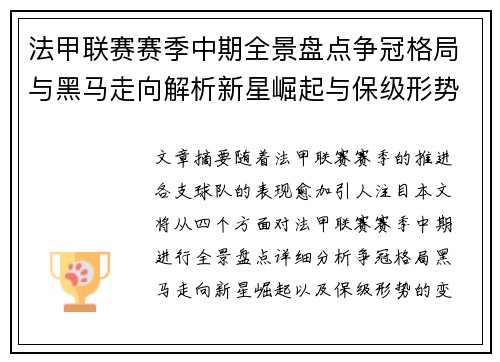 法甲联赛赛季中期全景盘点争冠格局与黑马走向解析新星崛起与保级形势观察