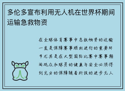 多伦多宣布利用无人机在世界杯期间运输急救物资 多伦多宣布利用无人机在世界杯期间运输急救物资