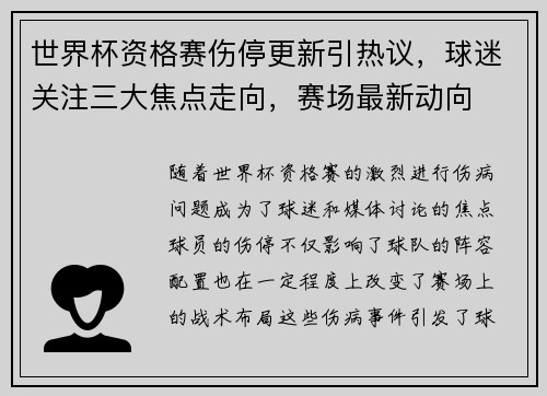 世界杯资格赛伤停更新引热议，球迷关注三大焦点走向，赛场最新动向